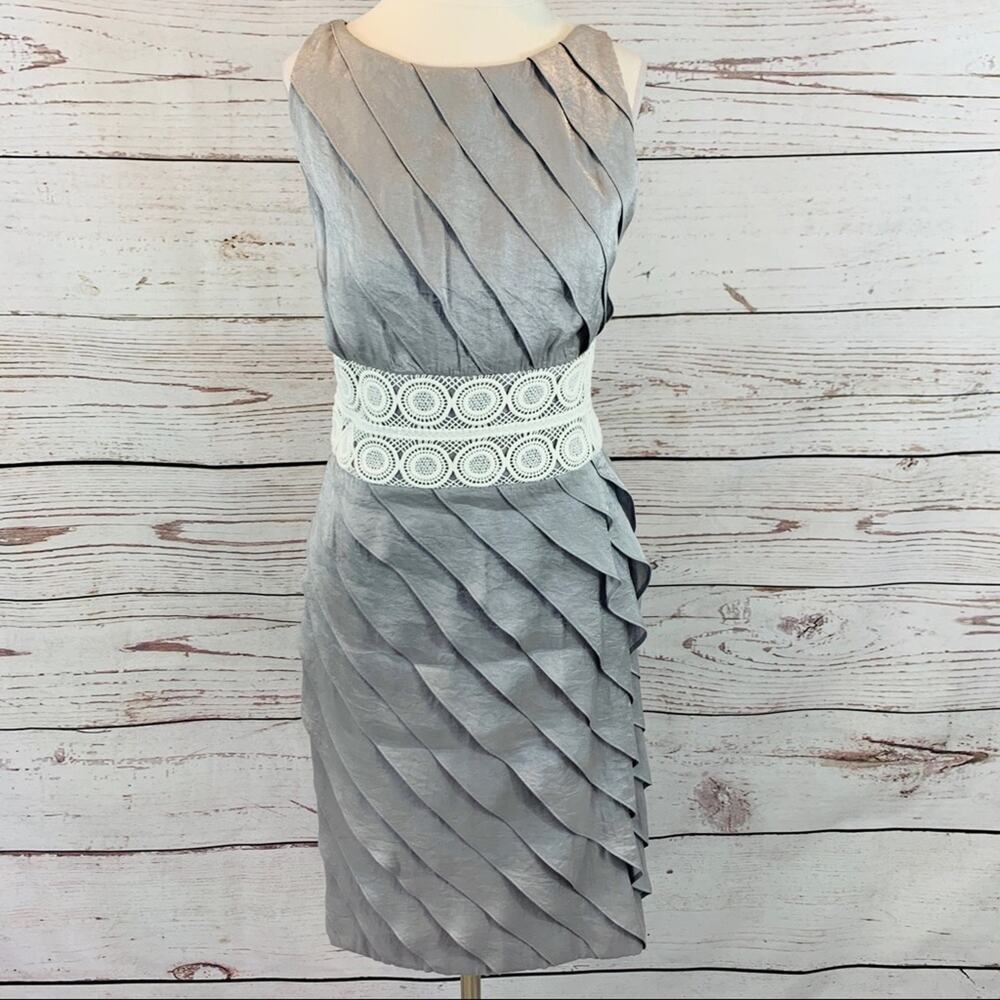 London Times silver metallic ruffled dress sheath
